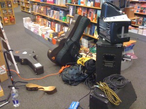 Setting up inside the Borders in San Luis Obispo, CA.