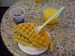 Hotel, self-serve waffles and OJ. Mm! I'm McLovin' it...