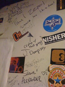 And the sticker is still standing in the green room at Lestat's.