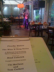 Tom Corbett & host Brad Colerick sound checking their rig before the performance.