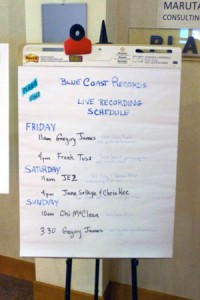 The schedule of events/artists at the Blue Coast World room at this year's California Audio Show.