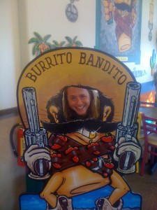 Strange things happen on the road... like, turning into a "burrito bandito", for instance... just a mere hour or two before my gig in Anderson, CA. It was difficult playing guitar as a burrito, but you do what ya can.