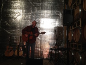 Steve Key singing his hit "Record Time" to the barrel room crowd at Scultpterra Winery in Paso Robles, CA.