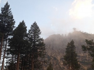 Misty Mountain Hop: A classic view of the tram with a moon sliver to the upper left... Beautiful.