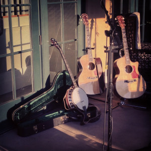 A Sonoma, CA sunset on a pair of Taylor Guitars 814ce and a Deering Banjos Boston 6-String - all with Elixir Strings with Nanoweb Coating.